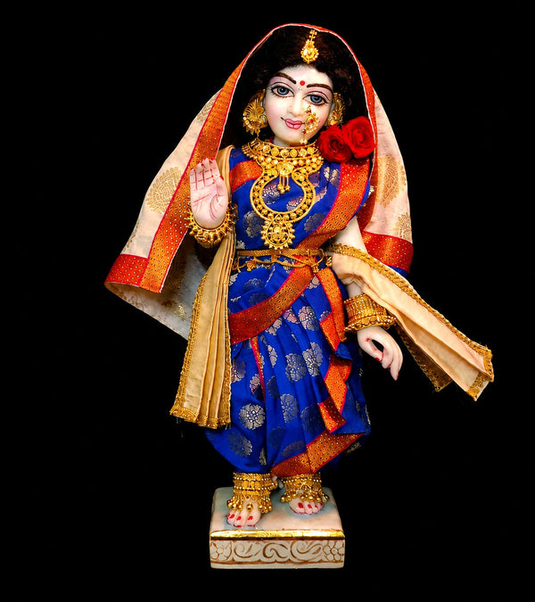 Maharastrain inspired Deity Pre-stitched Nuwari Saree made of Tapeta Silk (Not Pure Silk) - Royal Blue Saree with Red Border and Off white Pallu, Off White Shawl