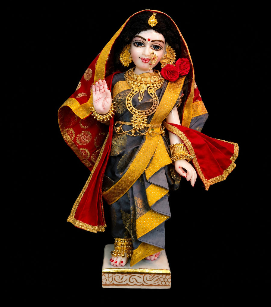 Maharastrain inspired Deity Pre-stitched Nuwari Saree made of Tapeta Silk (Not Pure Silk) - Grey Saree with Gold Border and Red Pallu, Red Shawl