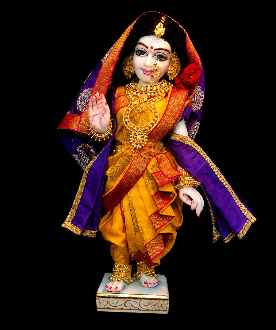 Maharastrain inspired Deity Pre-stitched Nuwari Saree made of Tapeta Silk (Not Pure Silk) - Yellow Saree with Red Border and Dark Purple Pallu, Dark Purple Shawl