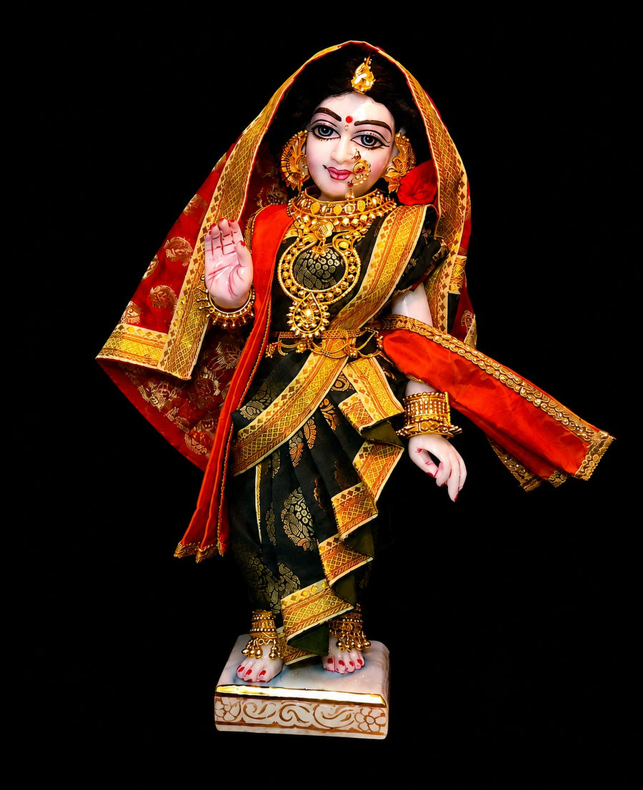 Maharastrain inspired Deity Pre-stitched Nuwari Saree made of Tapeta Silk (Not Pure Silk) - Dark Green Saree with Off White Border and Red Pallu, Red Shawl