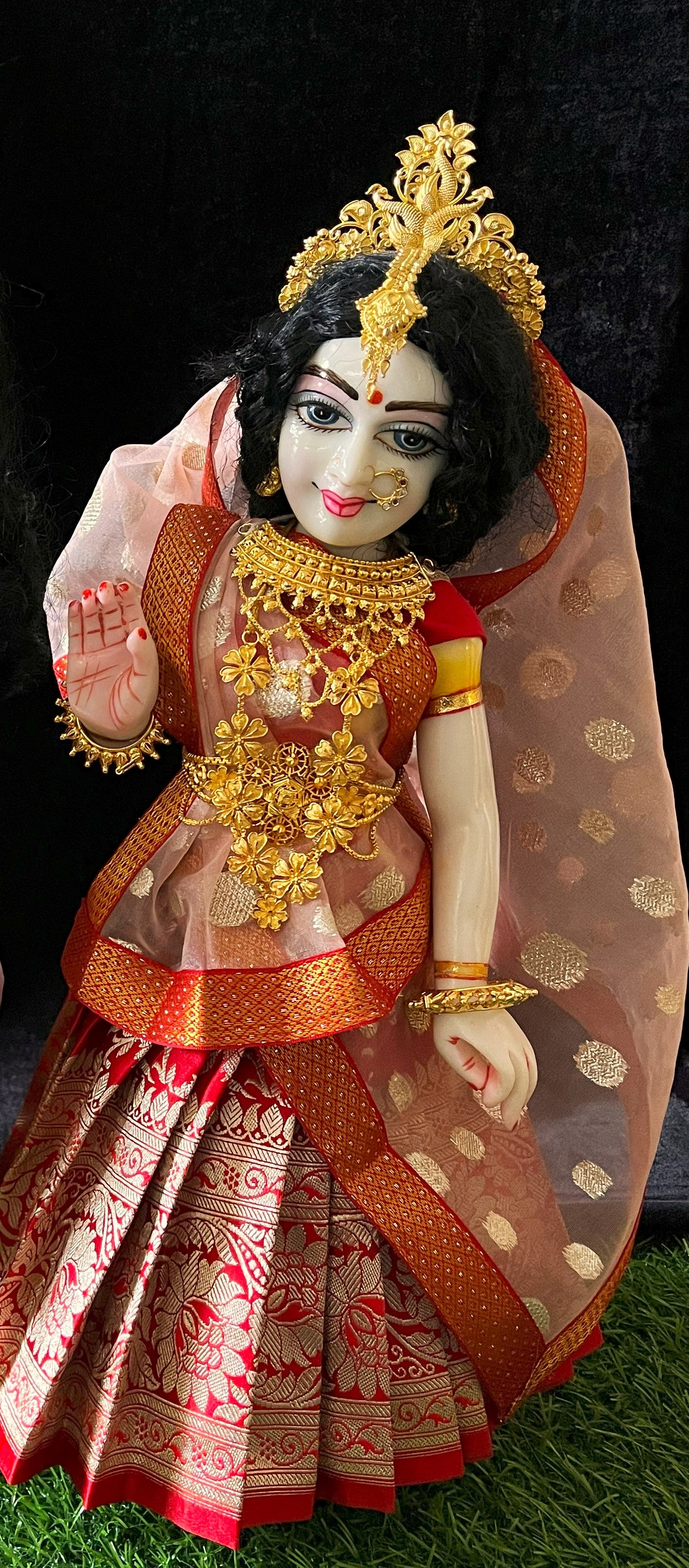 Deity half saree / lehenga patka made of Banaras Pure Silk fabric. - Red colour lehenga with light Red colour dupatta 1