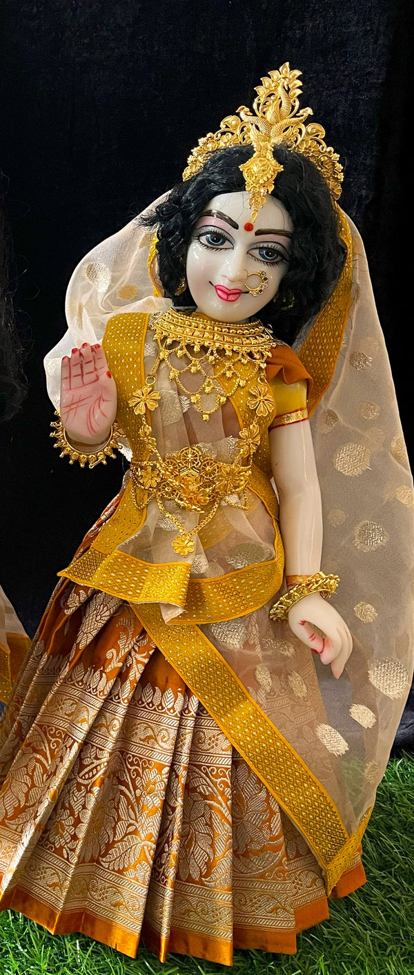 Deity half saree / lehenga patka made of Banaras Pure Silk fabric. - Mustard colour lehenga with golden colour dupatta