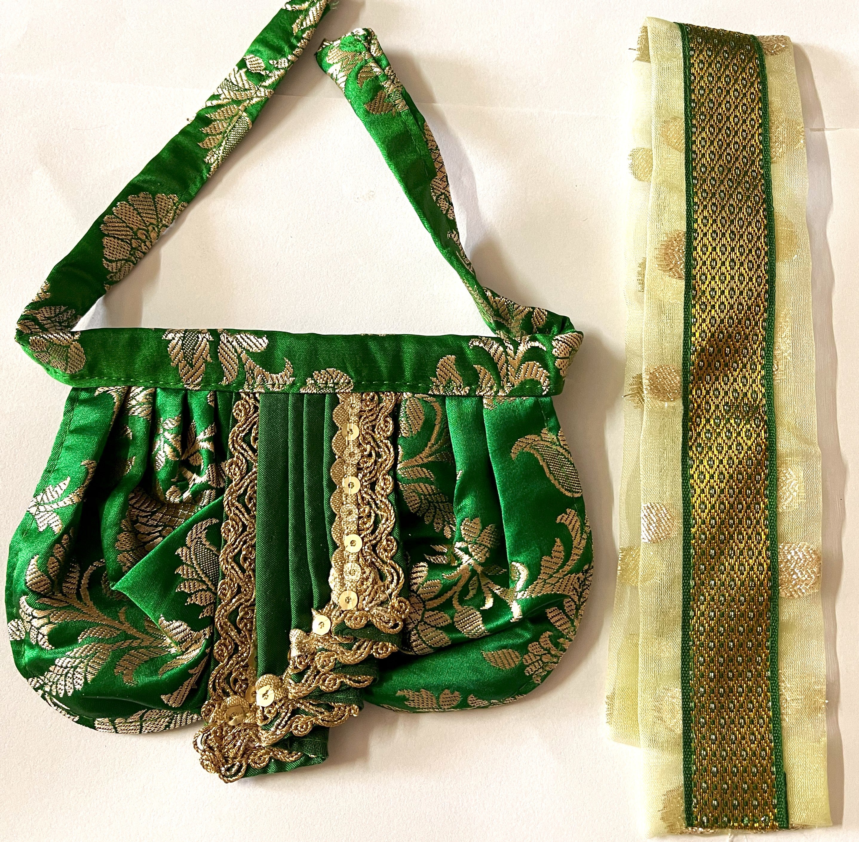 Deity dhoti and patka shalya / Uparna vastra made of Banaras Pure Silk fabric. - Dark Green colour dhoti with light Green colour shalya 3