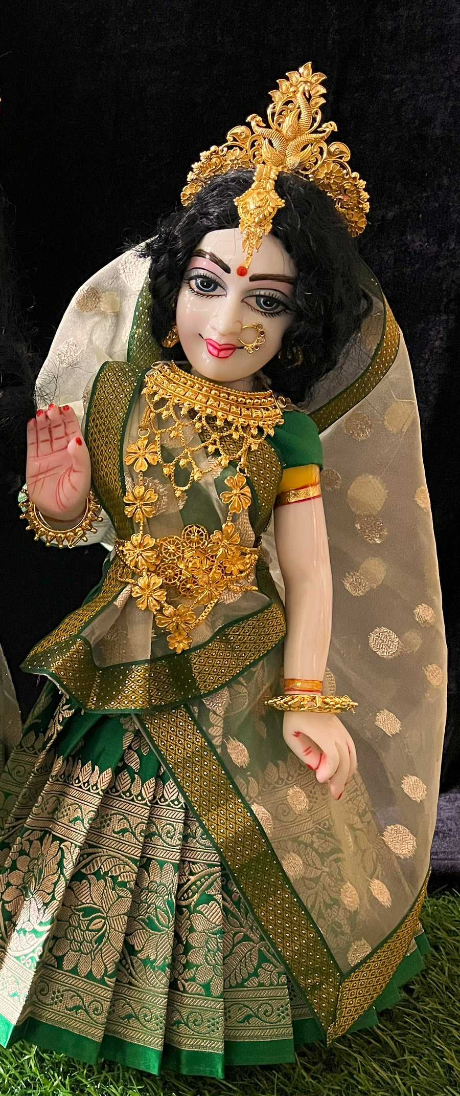 Deity half saree / lehenga patka made of Banaras Pure Silk fabric. - Dark Green colour lehenga with light Green colour dupatta