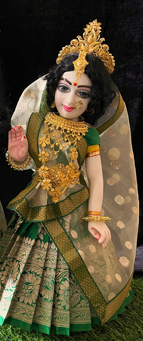 Deity half saree / lehenga patka made of Banaras Pure Silk fabric. - Dark Green colour lehenga with light Green colour dupatta