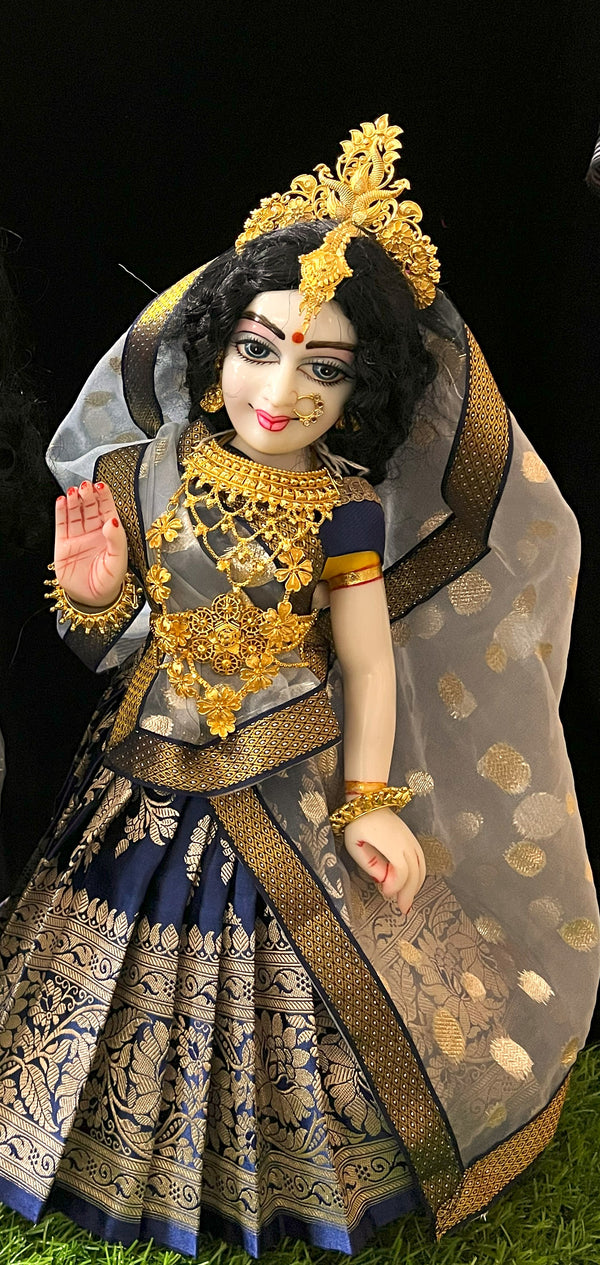 Deity half saree / lehenga patka made of Banaras Pure Silk fabric. - Navy Blue colour lehenga with light Blue colour dupatta