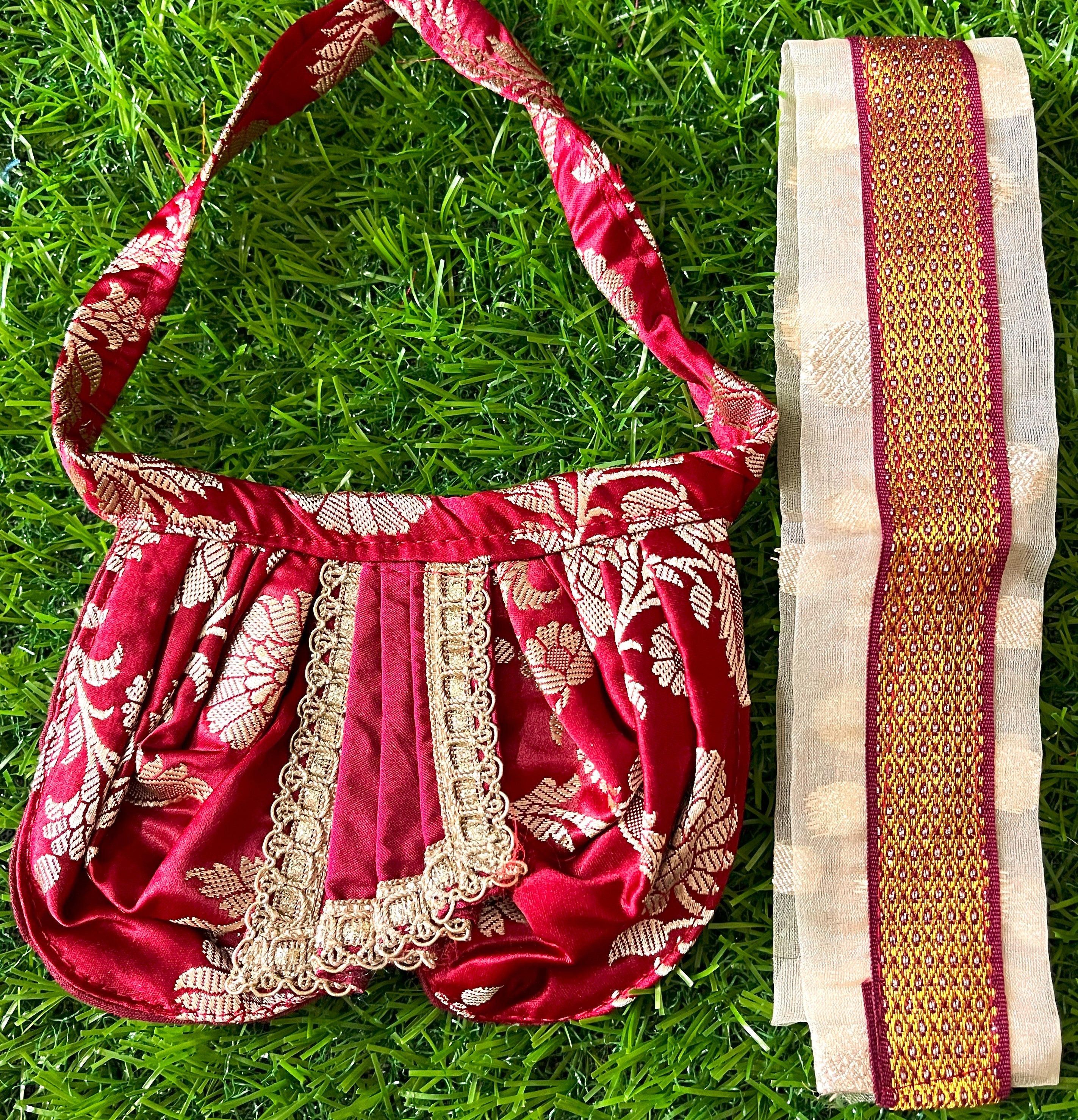 Deity dhoti and patka shalya / Uparna vastra made of Banaras Pure Silk fabric. - Maroon colour dhoti with light Orange colour shalya 3