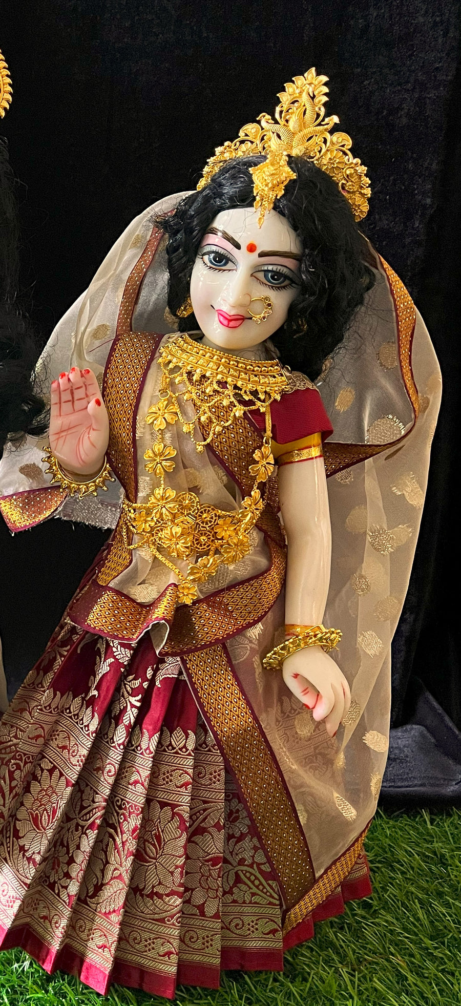 Deity half saree / lehenga patka made of Banaras Pure Silk fabric. - Maroon colour lehenga with light Orange colour dupatta