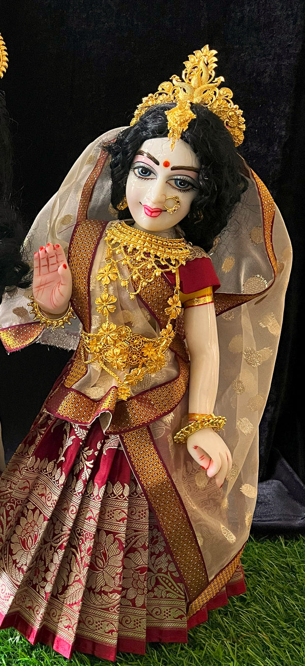 Deity half saree / lehenga patka made of Banaras Pure Silk fabric. - Maroon colour lehenga with light Orange colour dupatta