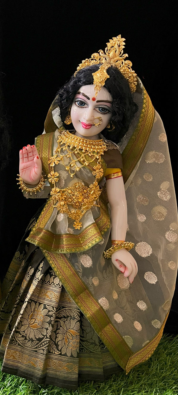 Deity half saree / lehenga patka made of Banaras Pure Silk fabric. - Dark Sap Green colour lehenga with Golden colour dupatta