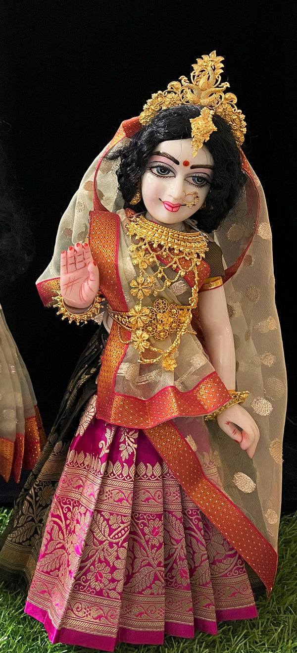 Deity half saree / lehenga patka made of Banaras Pure Silk fabric. - Dark Sap Green and Pink colour lehenga with Golden colour dupatta