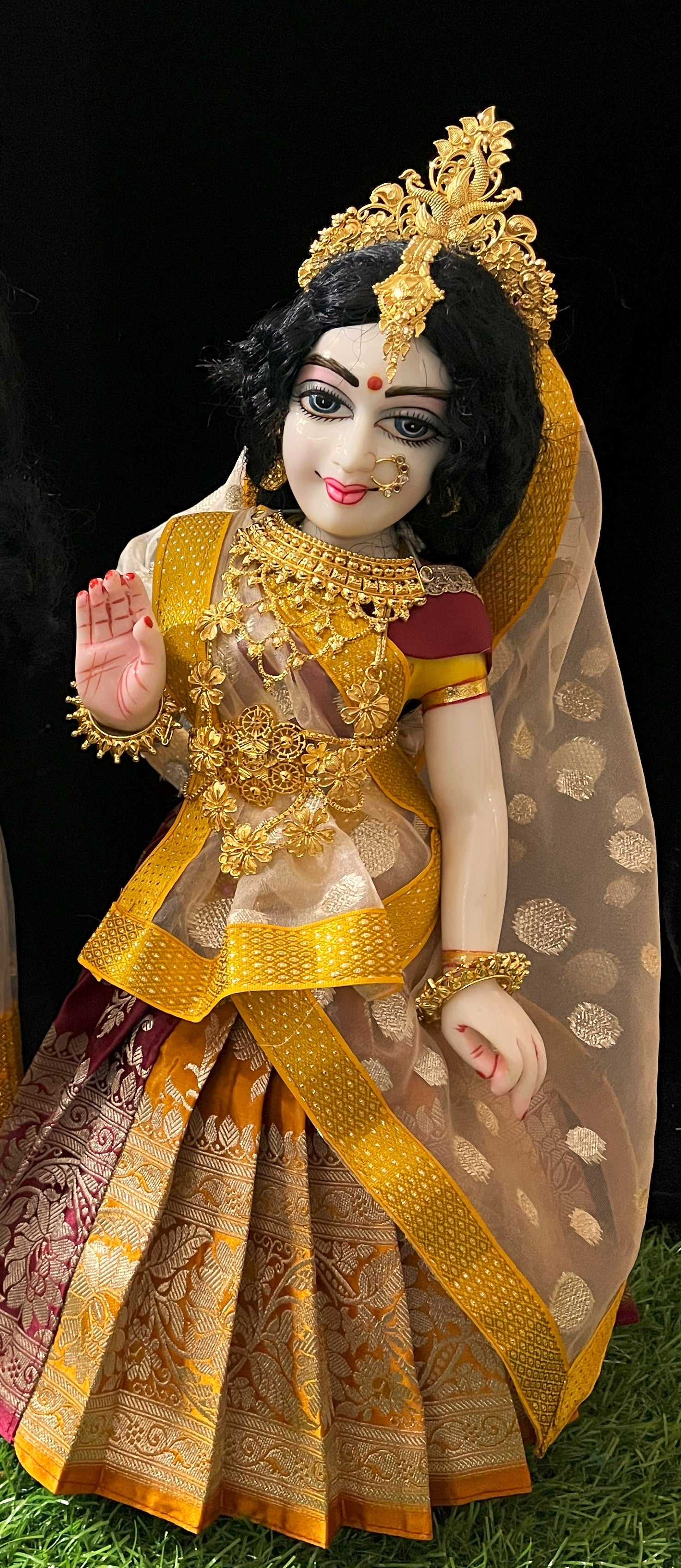 Deity half saree / lehenga patka made of Banaras Pure Silk fabric. - Maroon and Mustard Yellow colour lehenga with Golden colour dupatta 1