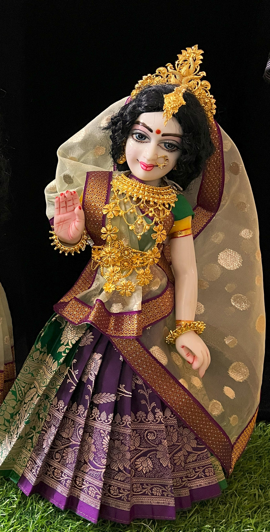 Deity half saree / lehenga patka made of Banaras Pure Silk fabric. - Dark Green and Violet colour lehenga with Light Green colour dupatta