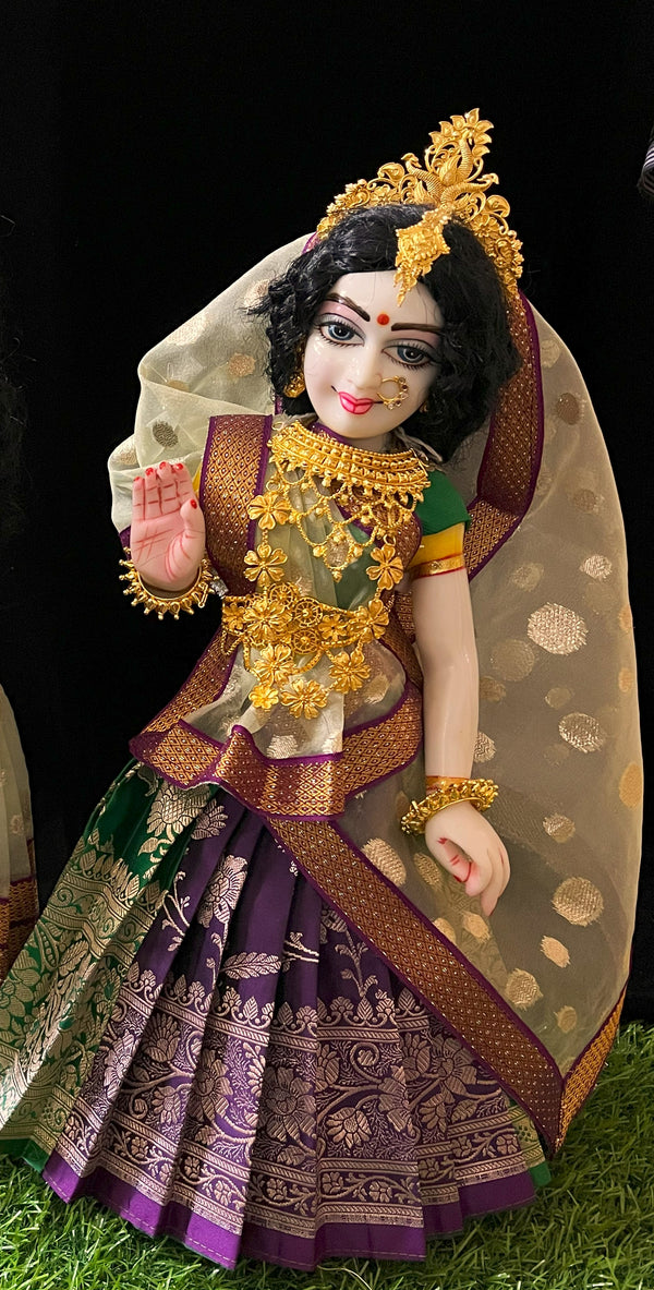 Deity half saree / lehenga patka made of Banaras Pure Silk fabric. - Dark Green and Violet colour lehenga with Light Green colour dupatta