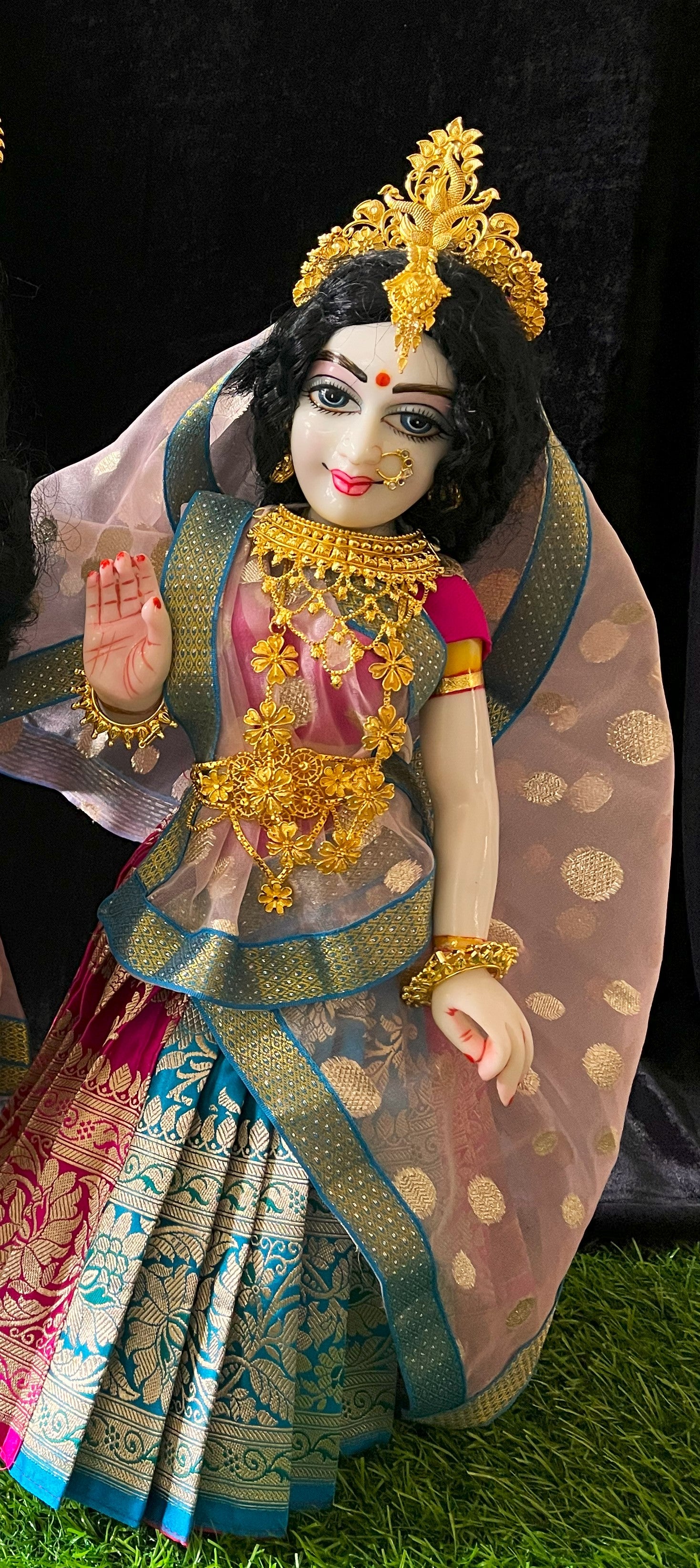 Deity half saree / lehenga patka made of Banaras Pure Silk fabric. - Light Blue and Pink colour lehenga with Light Pink colour dupatta 1