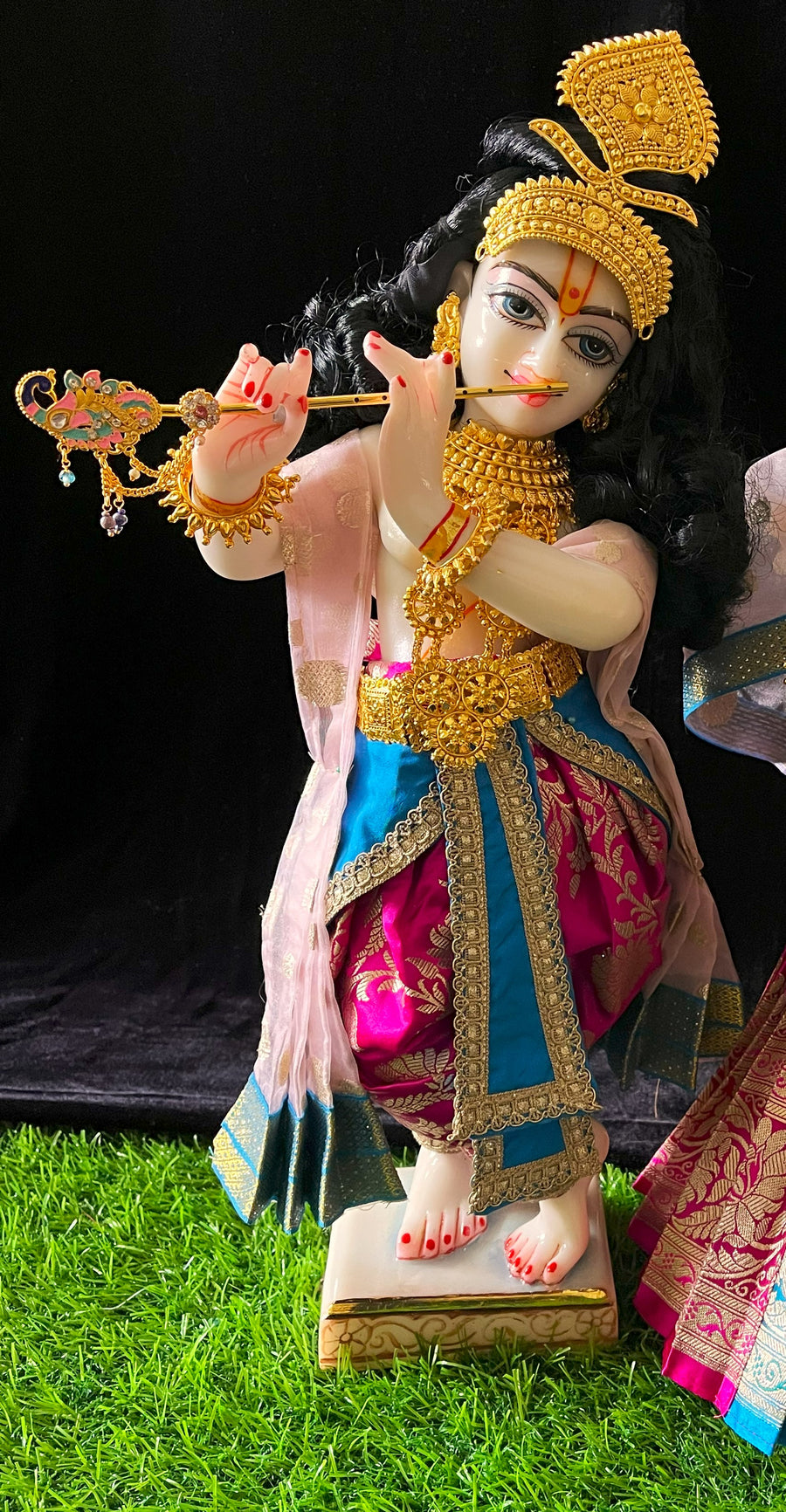 Deity dhoti and patka shalya / Uparna vastra made of Banaras Pure Silk fabric. - Light Blue and Pink colour dhoti with Light Pink colour shalya
