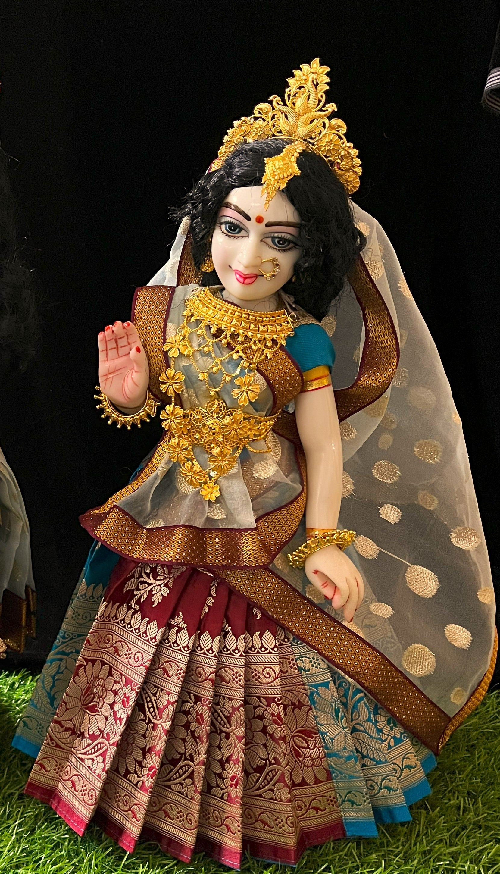Deity half saree / lehenga patka made of Banaras Pure Silk fabric. - Light Blue and maroon colour lehenga with Light Blue colour dupatta 1