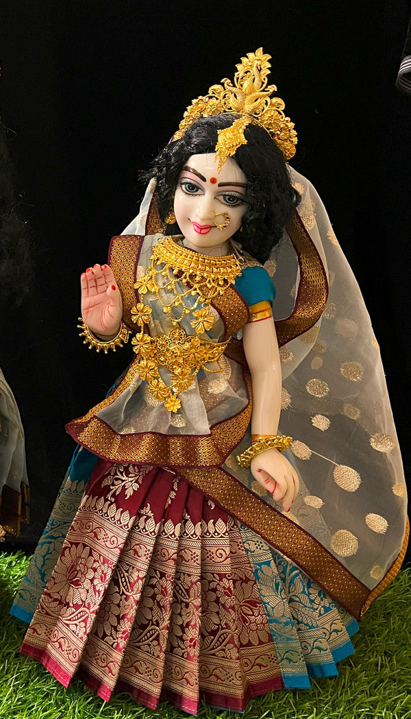 Deity half saree / lehenga patka made of Banaras Pure Silk fabric. - Light Blue and maroon colour lehenga with Light Blue colour dupatta