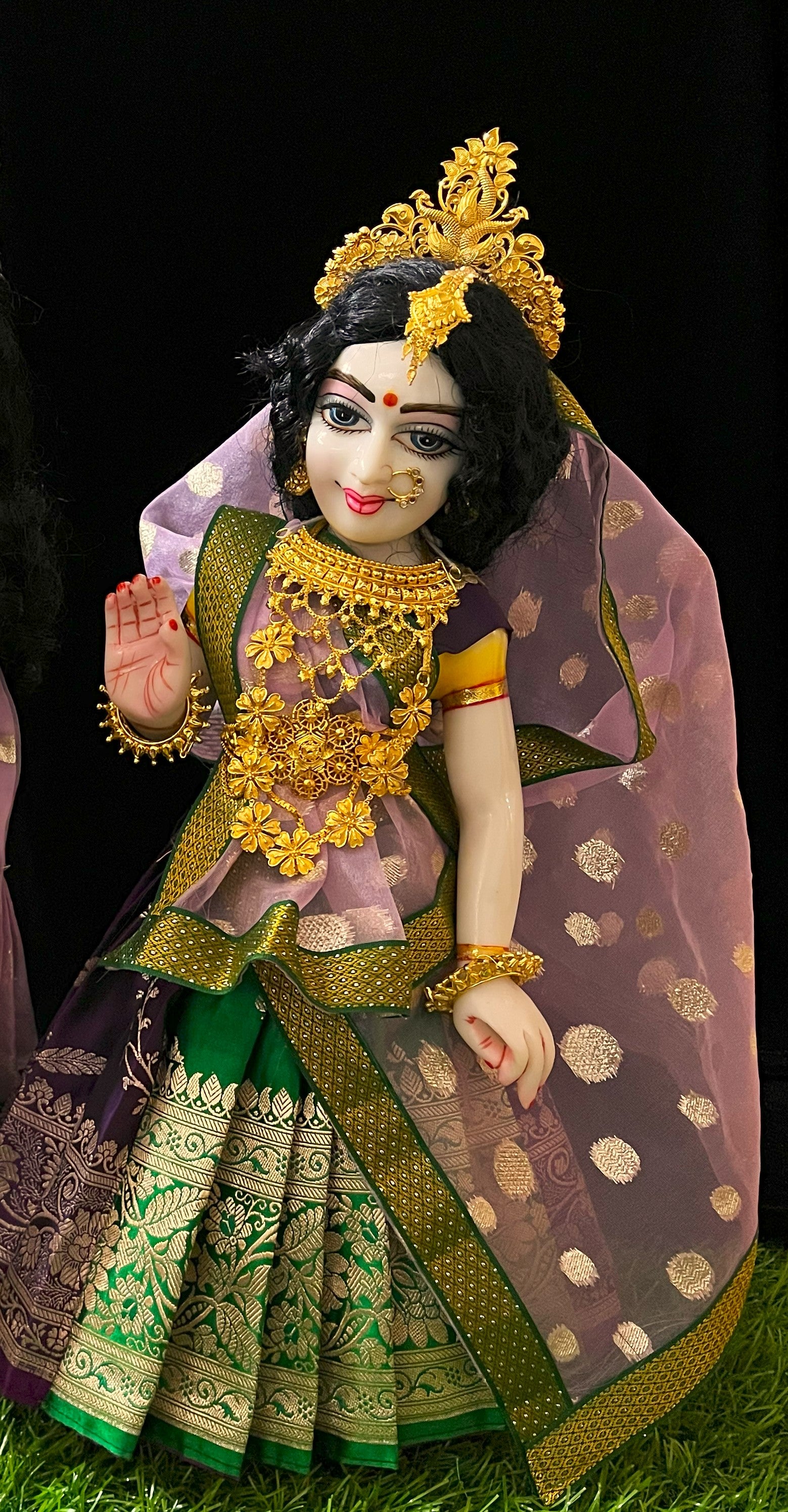 Deity half saree / lehenga patka made of Banaras Pure Silk fabric. - Violet and Dark Green colour lehenga with Pink colour dupatta 1