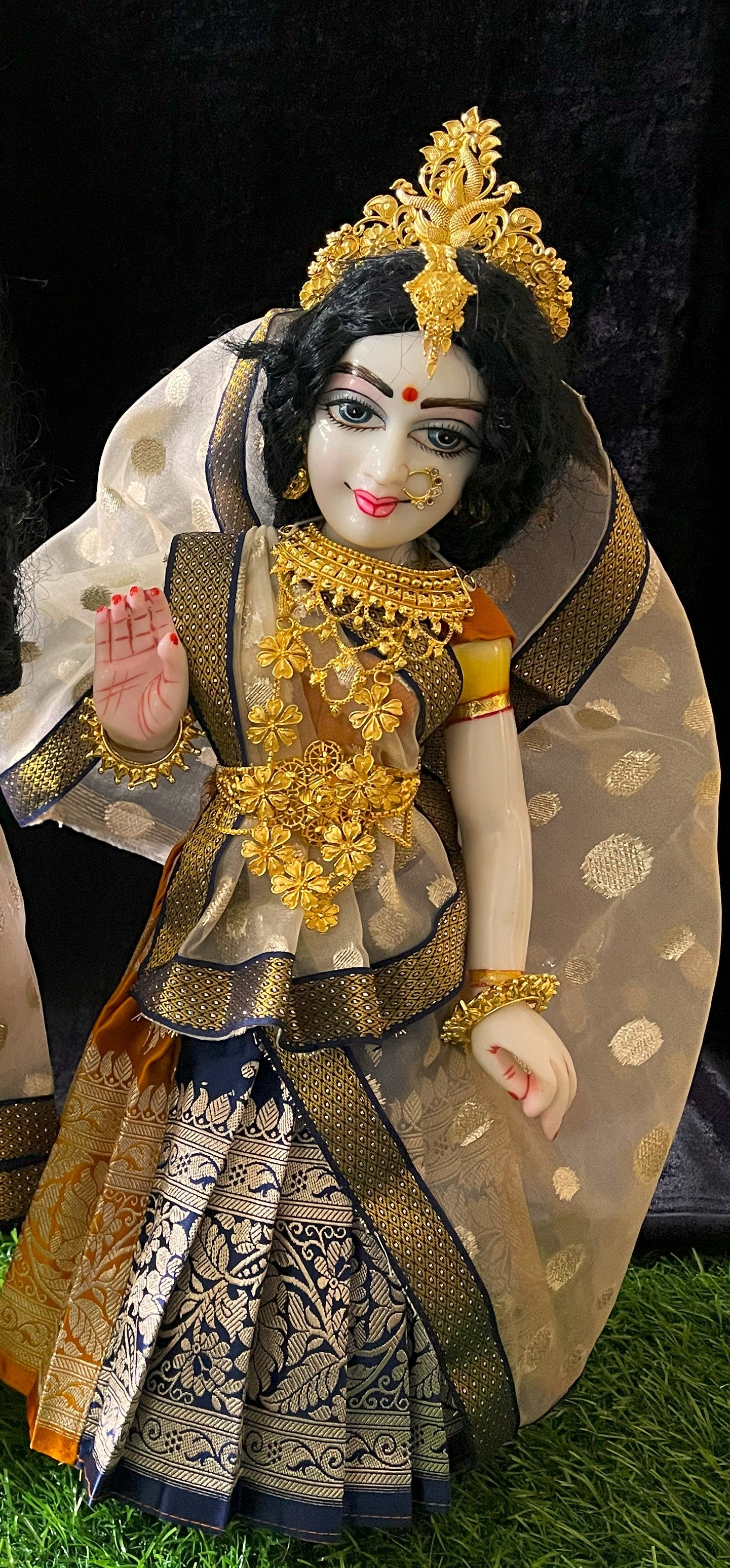 Deity half saree / lehenga patka made of Banaras Pure Silk fabric. - Mustard and Navy Blue colour lehenga with Golden colour dupatta 1
