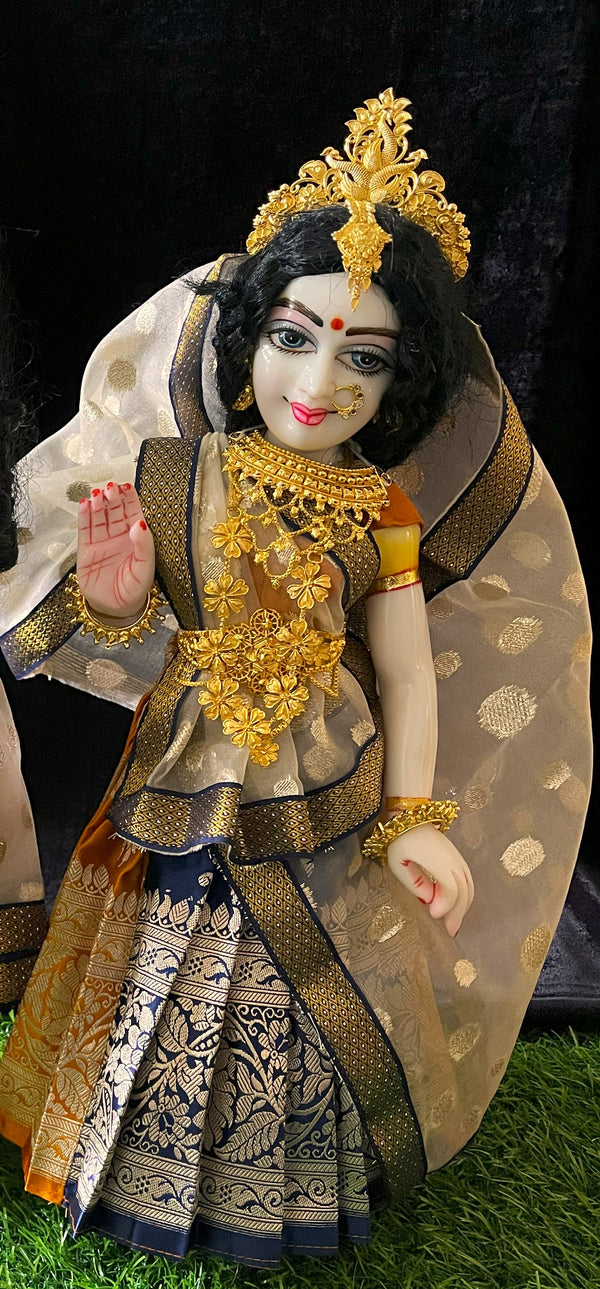 Deity half saree / lehenga patka made of Banaras Pure Silk fabric. - Mustard and Navy Blue colour lehenga with Golden colour dupatta