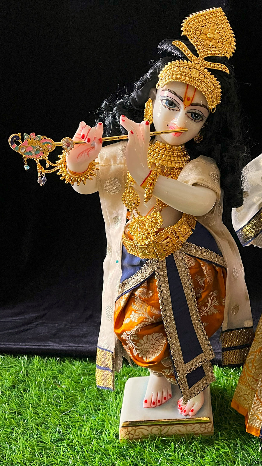 Deity dhoti and patka shalya / Uparna vastra made of Banaras Pure Silk fabric. - Mustard and Navy Blue colour dhoti with Golden colour shalya