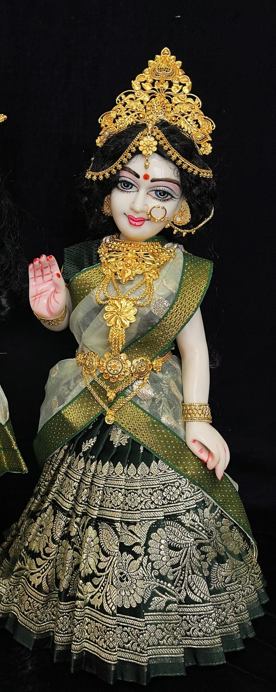 Deity half saree / lehenga patka made of Banaras Pure Silk fabric. - Bottle Green lehenga with Light Green colour dupatta
