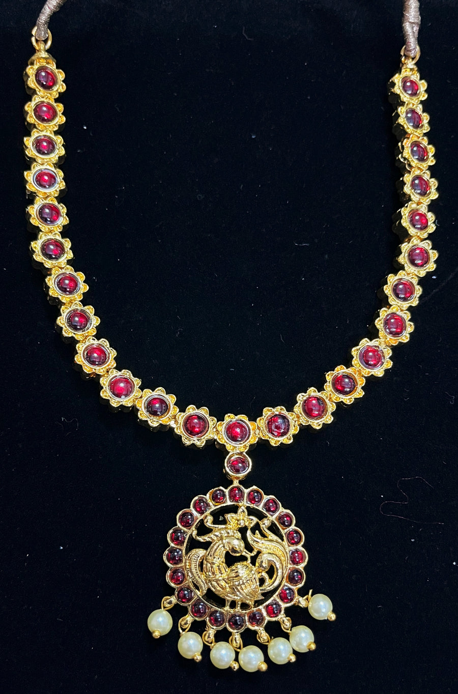Deity short necklace / Choker - Pearls with read and green kemp stones on Gold plated metal alloy