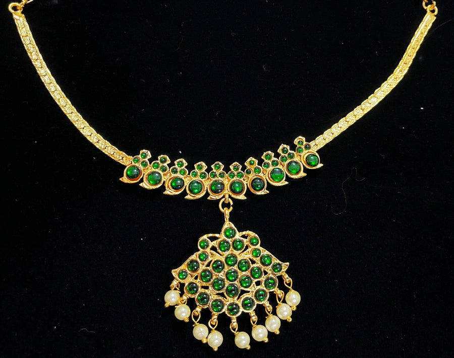 Deity short necklace / Choker - Pearls with read and green kemp stones on Gold plated metal alloy