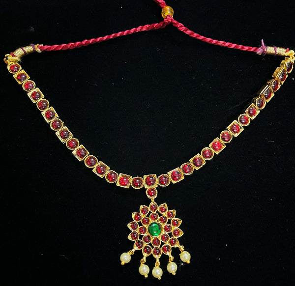 Deity short necklace / Choker - Pearls with read and green kemp stones on Gold plated metal alloy
