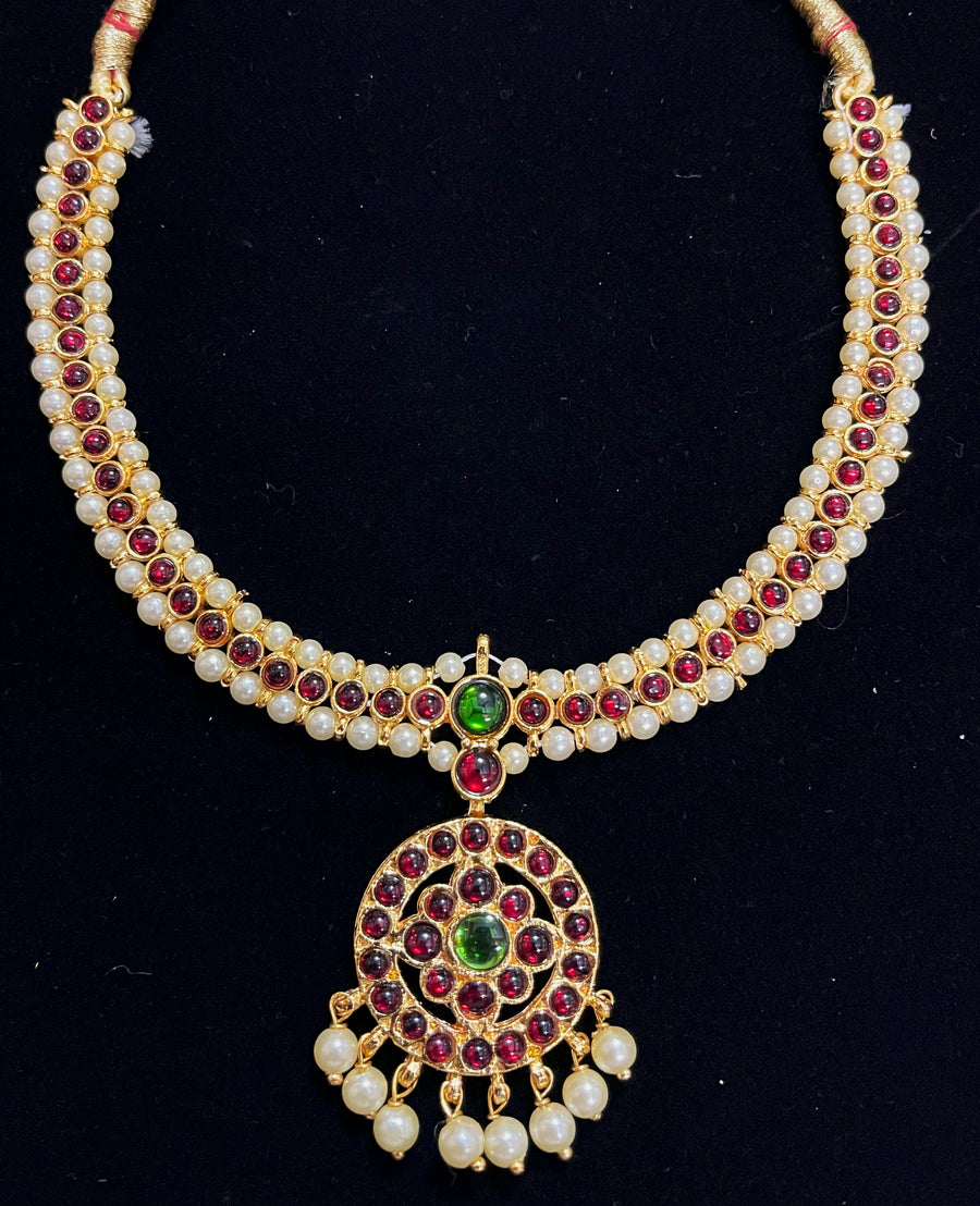 Deity short necklace / Choker - Pearls with read and green kemp stones on Gold plated metal alloy