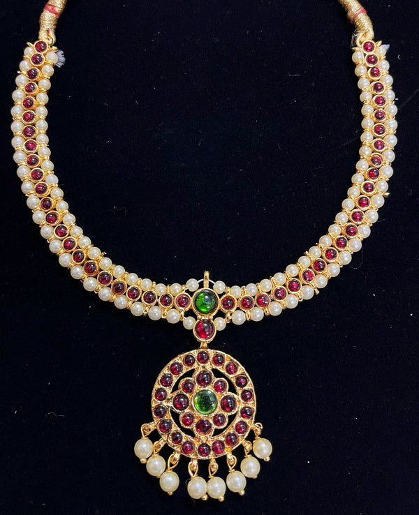 Deity short necklace / Choker - Pearls with read and green kemp stones on Gold plated metal alloy
