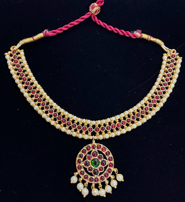 Deity short necklace / Choker - Pearls with read and green kemp stones on Gold plated metal alloy