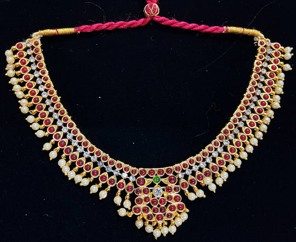 Deity short necklace / Choker - Pearls with read and green kemp stones on Gold plated metal alloy