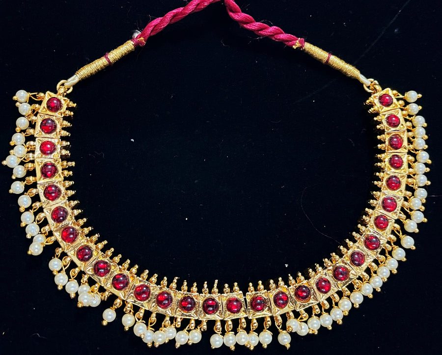 Deity short necklace / Choker - Pearls with read and green kemp stones on Gold plated metal alloy