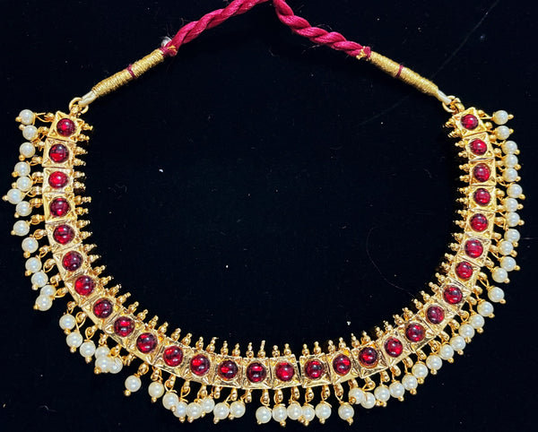 Deity short necklace / Choker - Pearls with read and green kemp stones on Gold plated metal alloy