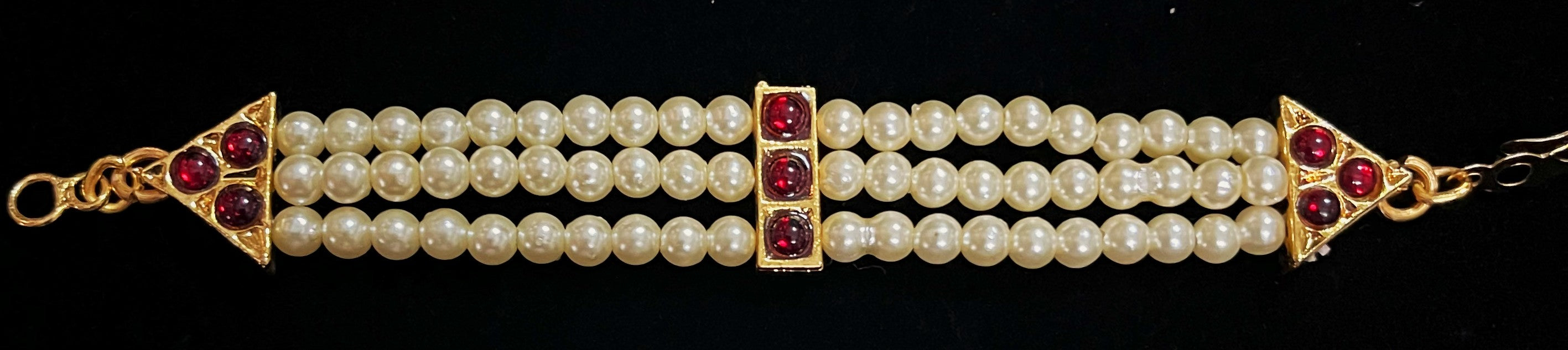 DEITY MULTIPURPOSE BELTS / Can be used as Earrings mati / Choker / Waist belt / Anklets / Bangels / Armlets - Pearls with read and green kemp stones on Gold plated metal alloy 1