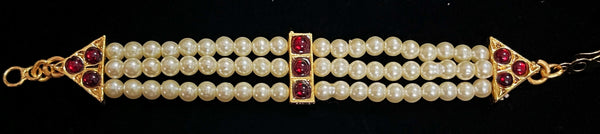 DEITY MULTIPURPOSE BELTS / Can be used as Earrings mati / Choker / Waist belt / Anklets / Bangels / Armlets - Pearls with read and green kemp stones on Gold plated metal alloy