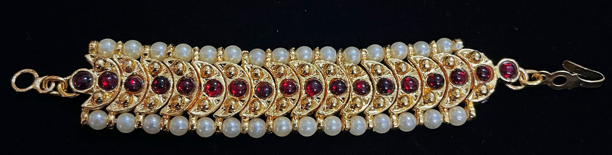 DEITY MULTIPURPOSE BELTS / Can be used as Earrings mati / Choker / Waist belt / Anklets / Bangels / Armlets - Pearls with read and green kemp stones on Gold plated metal alloy