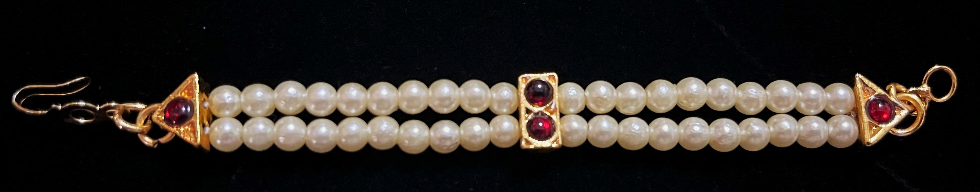 DEITY MULTIPURPOSE BELTS / Can be used as Earrings mati / Choker / Waist belt / Anklets / Bangels / Armlets - Pearls with read and green kemp stones on Gold plated metal alloy 1