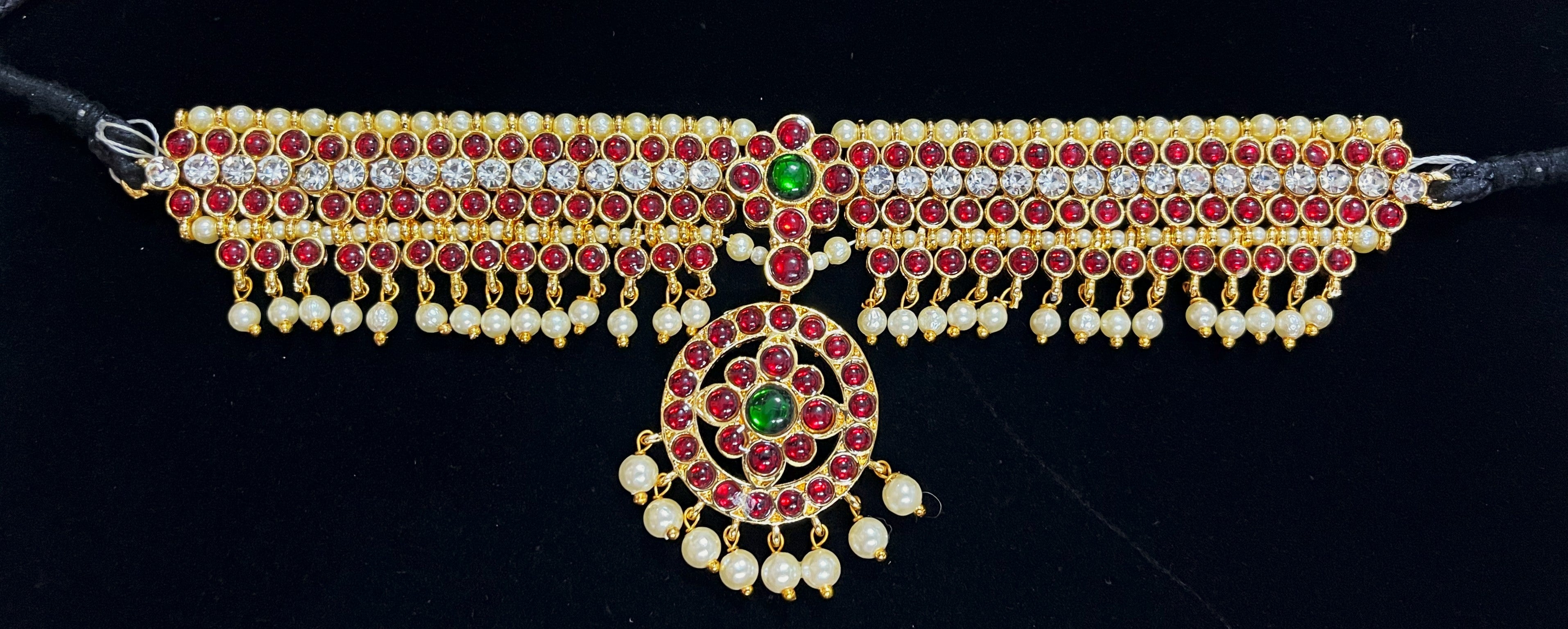 DEITY MULTIPURPOSE BELTS / Can be used as Earrings mati / Choker / Waist belt / Anklets / Bangels / Armlets - Pearls with read and green kemp stones on Gold plated metal alloy 1