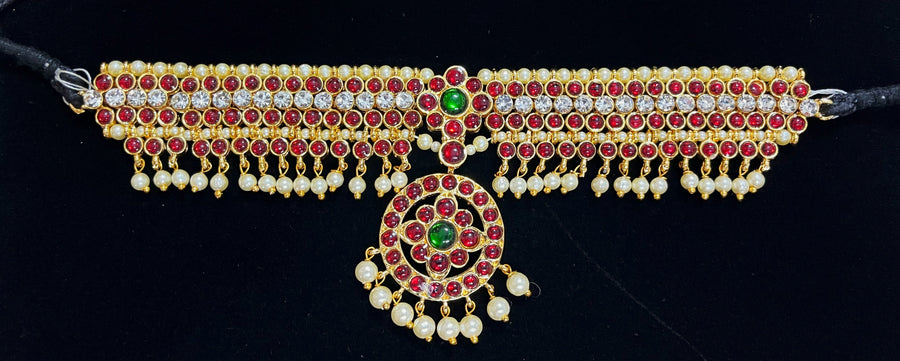 DEITY MULTIPURPOSE BELTS / Can be used as Earrings mati / Choker / Waist belt / Anklets / Bangels / Armlets - Pearls with read and green kemp stones on Gold plated metal alloy