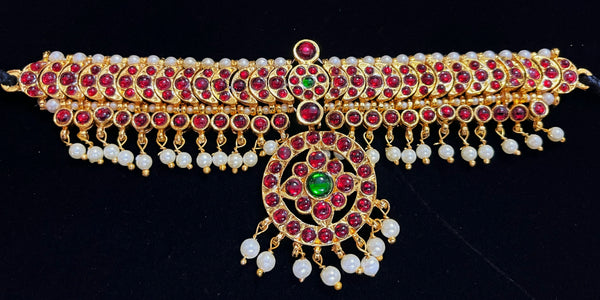 DEITY MULTIPURPOSE BELTS / Can be used as Earrings mati / Choker / Waist belt / Anklets / Bangels / Armlets - Pearls with read and green kemp stones on Gold plated metal alloy