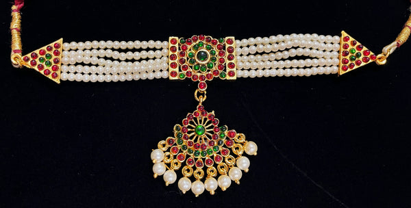 DEITY MULTIPURPOSE BELTS / Can be used as Earrings mati / Choker / Waist belt / Anklets / Bangels / Armlets - Pearls with read and green kemp stones on Gold plated metal alloy