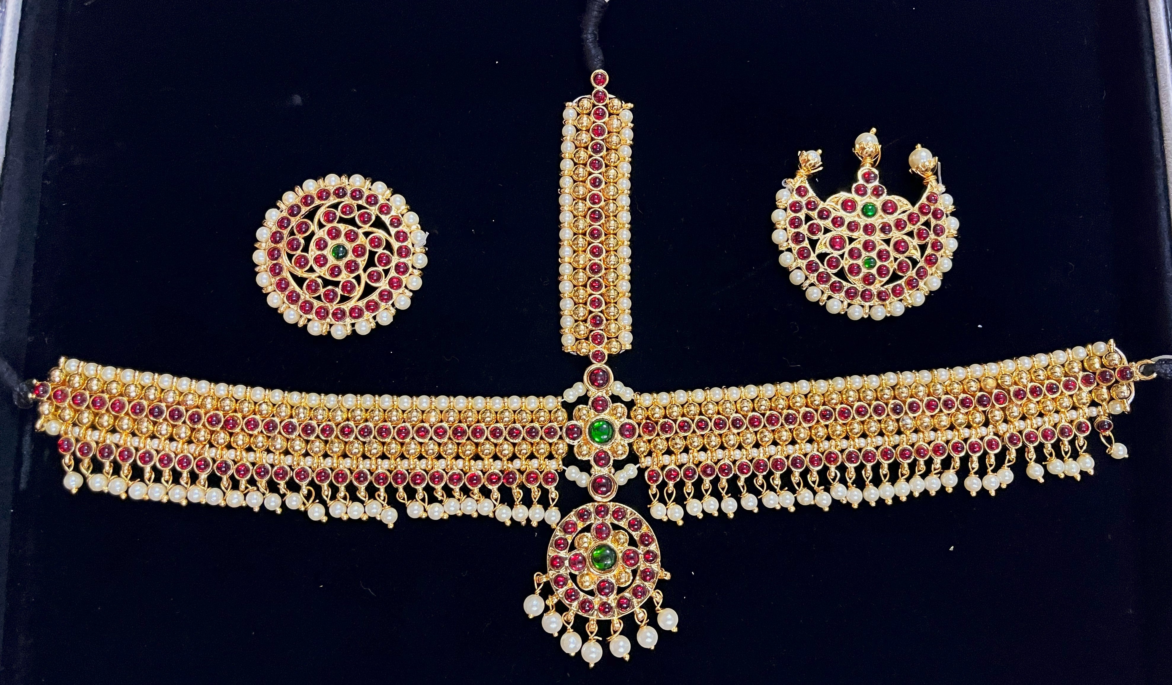 Deity mang tika, Idol forehead jewellery - Pearls with read and green kemp stones on Gold plated metal alloy 1