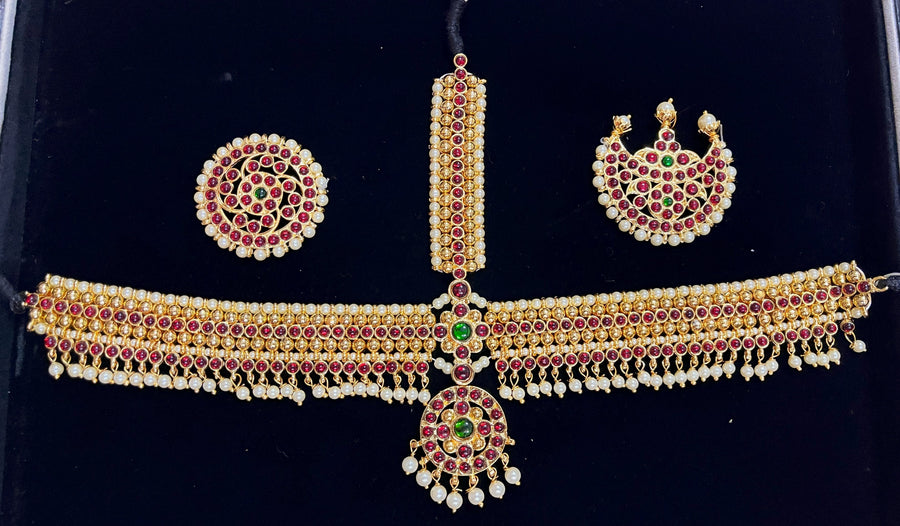 Deity mang tika, Idol forehead jewellery - Pearls with read and green kemp stones on Gold plated metal alloy