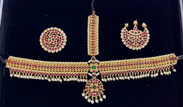 Deity mang tika, Idol forehead jewellery - Pearls with read and green kemp stones on Gold plated metal alloy