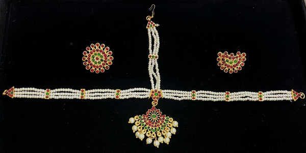 Deity mang tika, Idol forehead jewellery - Pearls with read and green kemp stones on Gold plated metal alloy