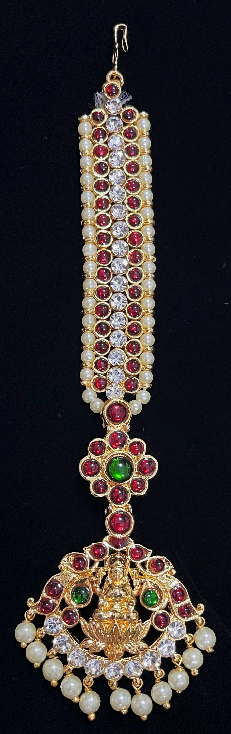 Deity mang tika, Idol forehead jewellery - Pearls with read and green kemp stones on Gold plated metal alloy