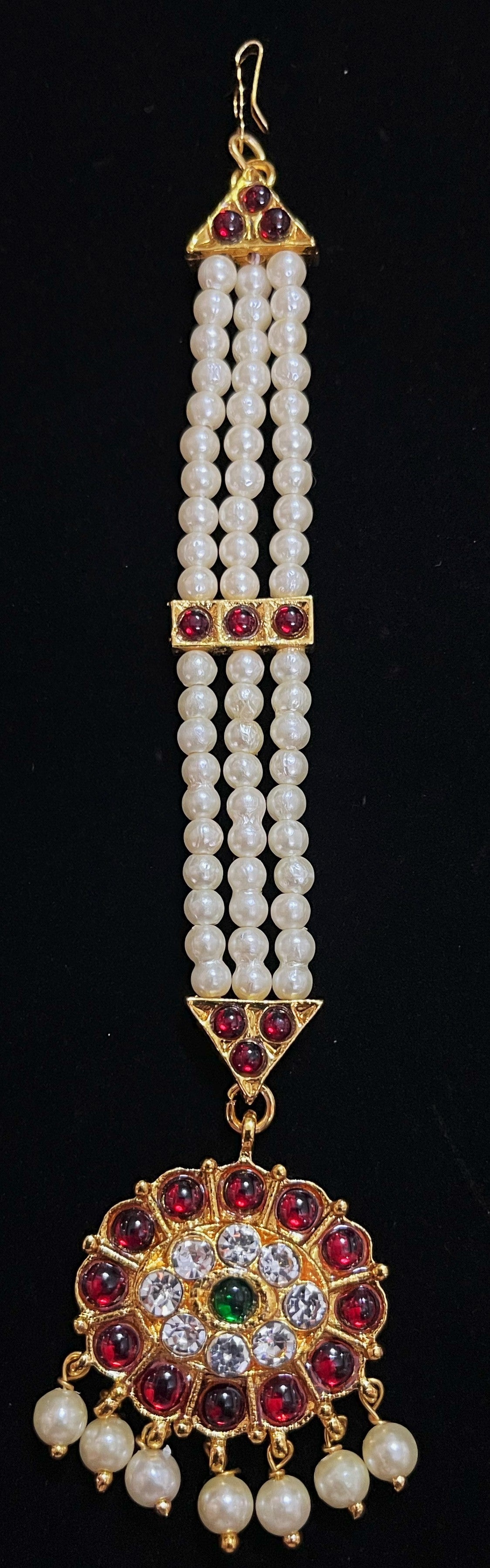 Deity mang tika, Idol forehead jewellery - Pearls with read and green kemp stones on Gold plated metal alloy 1